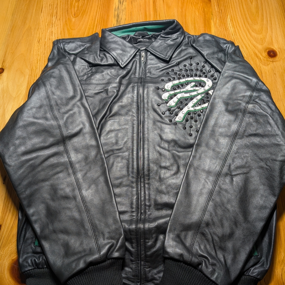 Authentic Pelle Pelle Black Bomber Varsity Jacket with Distressed Leather